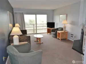Living Room w/ hide-a-bed couch and large slider to the private Deck.