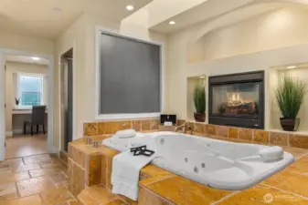 Lavish primary bathroom, jetted tub w/FP, dual WI closets, steam room style shower