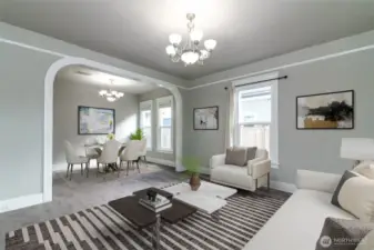 Living room flows into dining room.