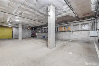 Covered garage parking with additional storage space conveniently located above your spot
