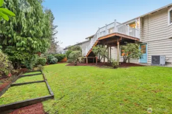 Lush, fenced yard with garden beds, a hot tub (currently not working), and room for pets or play.
