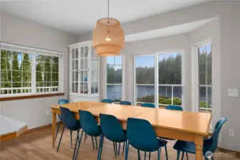 Dining room with windows around.