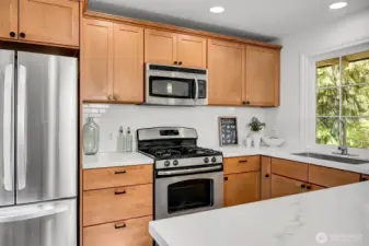 Kitchen boasts new quartz countertops, designer backsplash, new sink & disposal along with stainless steel appliances (refrigerator, gas range, microwave, plus a new dishwasher).
