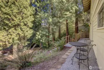 Tree-lined oasis with the relaxing sound of Thornton creek - perfect spot for morning coffee.