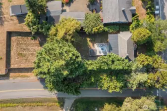 Aerial view of the fenced back yard.