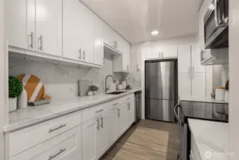 New shaker cabinets & quartz countertops & backsplash