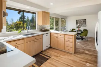 Just off the dining room is this well laid out kitchen with great storage and counter space. Gleaming refinished hardwoods flow into the casual dining area and spacious family room just beyond.