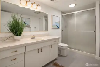 The lower bathroom features new flooring an oversized shower, new lighting and a new fan.