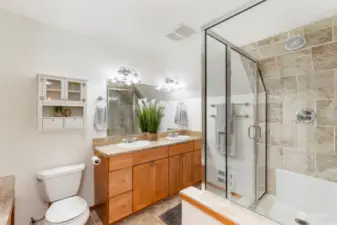 Dual sink vanity and step in shower