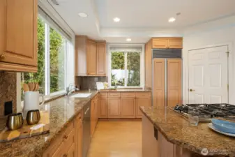 Built-in SubZero, ample counter/cabinet space, & walk-in pantry.
