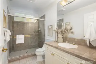 Guest bath off the hallway with an extra-large tiled shower.