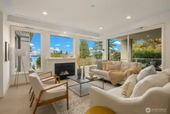 Gather around the elegant gas fireplace.