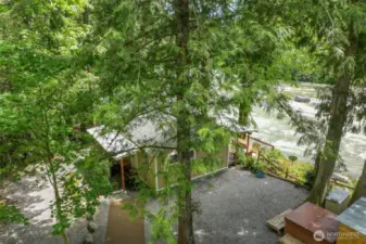 Sides surveyed w/stakes and flagging ~ drone shot taken prior to new paint & hot tub relocation.