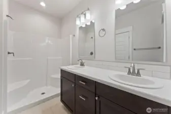 Primary bathroom with walk-in closet and double sinks