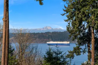 The Olympic Mountain range forms the background for a variety of maritime traffic including ships that travel the world.  Want to know about this ship - well, there is an app for that!