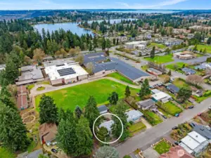 Aerial View of Home Overlooking Angle Lake