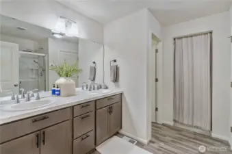 Dual sinks and walk-in closet in primary bath!