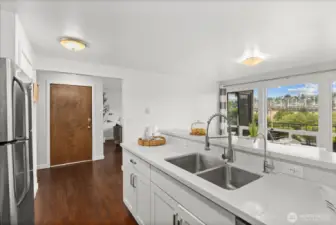 Kitchen with views of Queen Anne and Interbay Golf Course.
