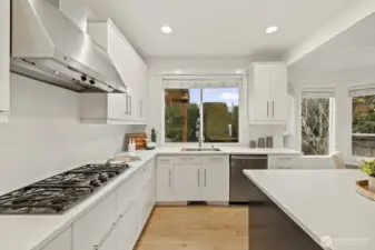 New quartz counters and solid maple cabinets sparkle in abundant natural light pouring in.