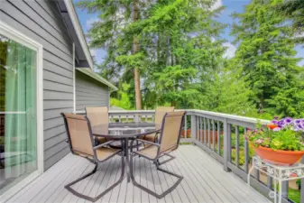 Beautiful deck overlooks the backyard. You feel like you're nestled in the trees