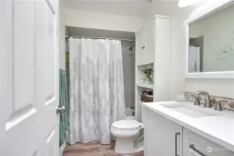 Hall bathroom with updated vanity, quartz counters, vinyl plank flooring, new fixtures & more