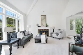 Living Room with marble surround fireplace! Stunning windows in Living and Dining Rooms let in the sunshine.