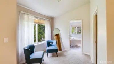 Roomy layout allows for a cozy seating area-ideal for unwinding with a book or morning coffee
