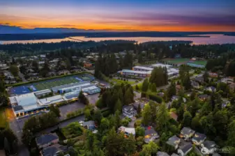 Three schools close by! The home with the map pin shows the proximity to three top notch schools. Also a nice view of Puget Sound and the 520 bridge with an easy commute to Seattle.