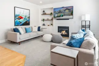 Living Room with Build-in Shelving & Gas Fireplace