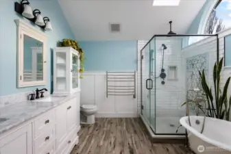 Warming towel rack next to shower