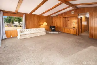 Living Room with beautiful enameled pellet stove.