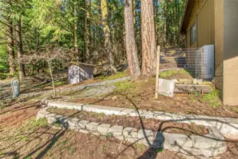 Fenced side yard for pets or gardening.