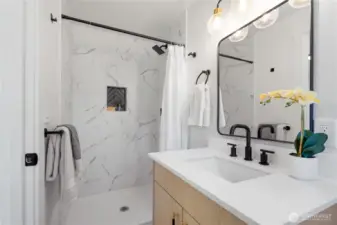 Master Bath, fully renovated with tiled shower enclosure