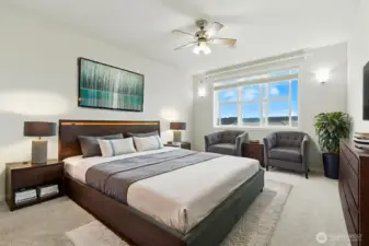 The main-level primary bedroom is spacious and filled with natural light, offering a peaceful retreat with its own en-suite bathroom for added comfort and privacy.