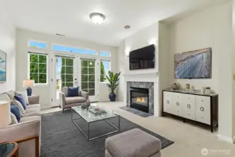 The lower-level living room features its own separate entrance, making it an ideal space for guests, extended stays, or added privacy in a comfortable and versatile setting.