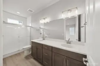 Primary suite bathroom- double vanity, walk-in shower, LVP flooring and small window for extra natural lighting.