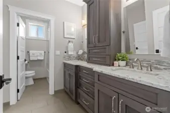 Full Bathroom with radiant heated floors, double sinks, quartz countertops