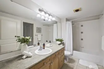 Nicely appointed full bath can be accessed from the living areas or from the bedroom.