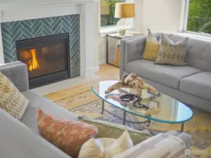 Comfortable family room with gas fireplace.