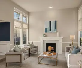Elegant Great Room Features Gas Fireplace & Oversized Windows