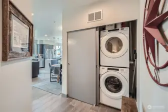 As you enter the foyer you pass the closet which also houses the stack laundry. It is a large area and ample room for a seat to remove shoes.