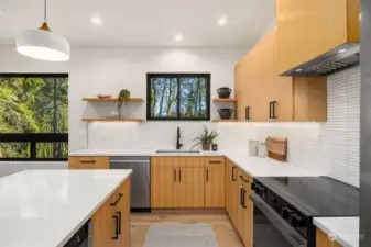 Induction range, built-in drawer-style microwave and another view of the island for cooking and serving guests.