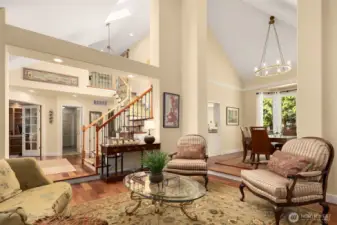 The open living area is another great feature of the main floor. The dining area and living room are both roomy and well-lit, and together they make up an open area. The tall ceilings here add to the grandeur of the room and contribute to the openness of the space.