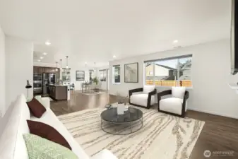 Great room, kitchen & dining - virtually staged