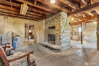 Wood burning fireplace in the basement.