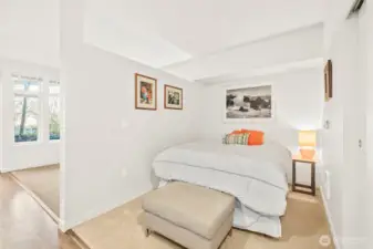 Studio bedroom discretely tucked away.