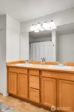 Primary en-suite bathroom. Full-sized W/D located across from bathroom in hall closet.