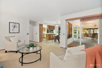 A view from the bonus room into the kitchen area.