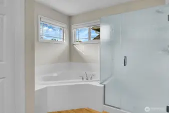 Corner soaking tub and large, frameless walk-in shower in primary bath.