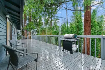 Another view of the expansive upper deck showcases the serene, treed outlook, with stairs in the background leading down to the lower deck.  Note-All Decks, Railings, and Stairs in front and back were just painted in February 2026.